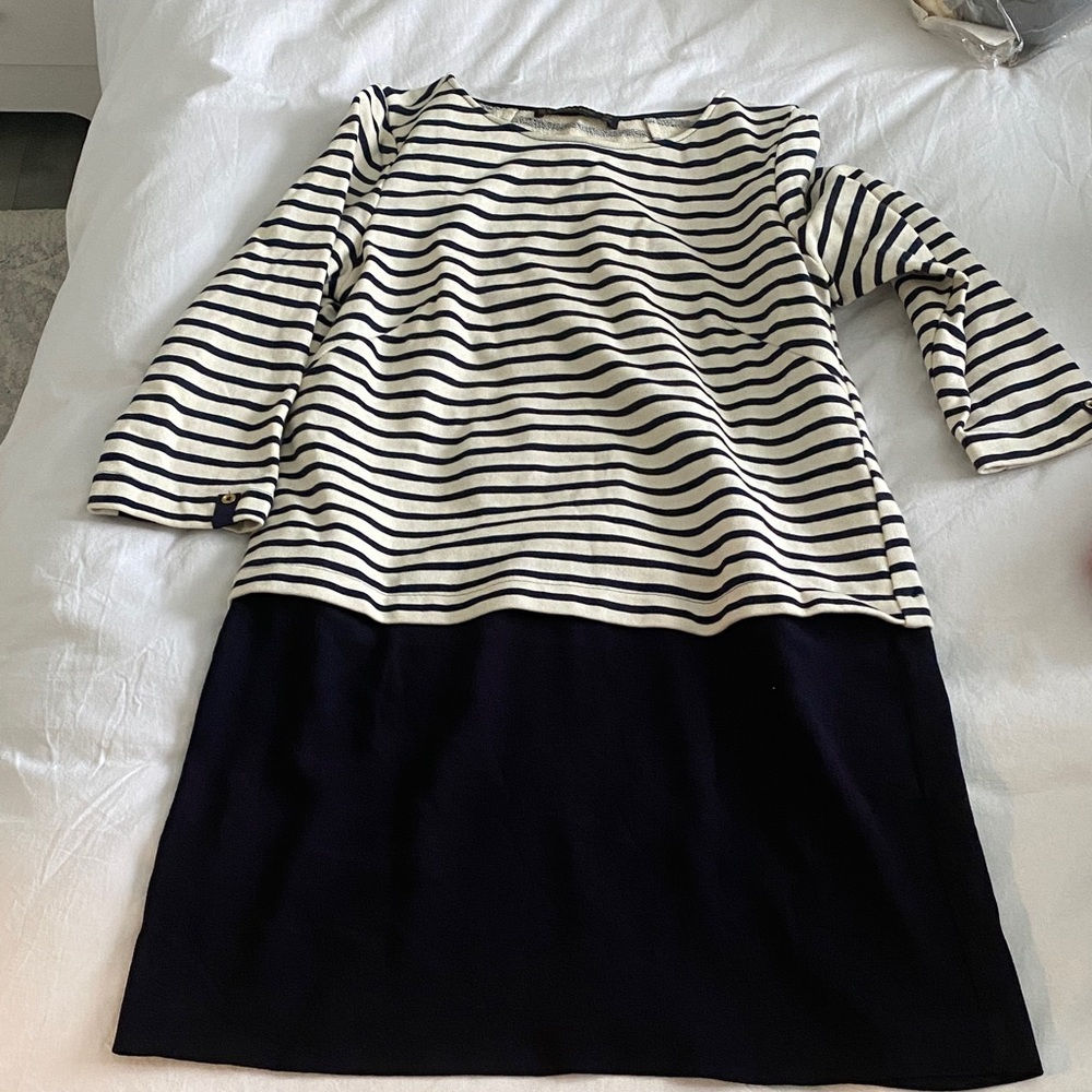 Zara Navy and White Striped Long Sleeve Dress